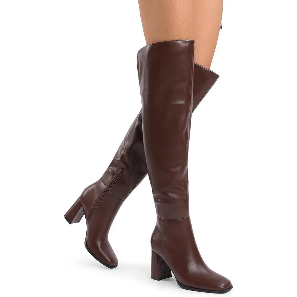Women's Brown Faux Leather Thigh High Block Chunky Heeled Knee High Long Boots